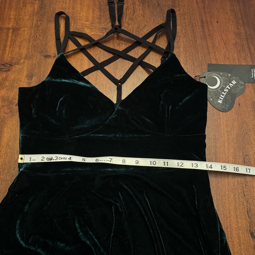 Killstar Strappy Velvet Mini Dress in Dark Green - Picture 10 of 11